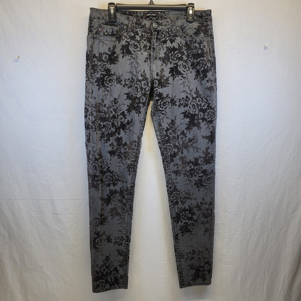 Dear John Skinny Jeans Gray Black Velvet Floral Dark Wash Denim